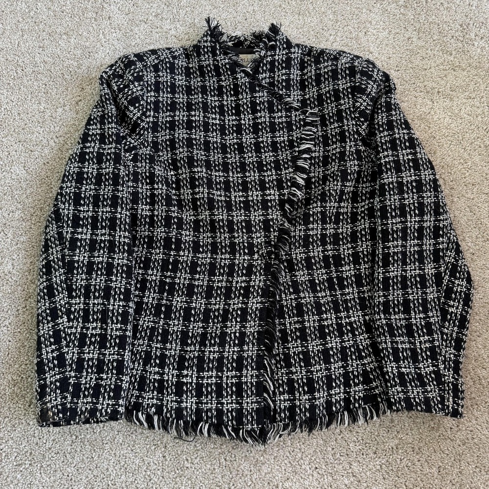 Carlucci Blazer Jacket Womens 14 Black Plaid Tweed Fringe Lined Short Classic